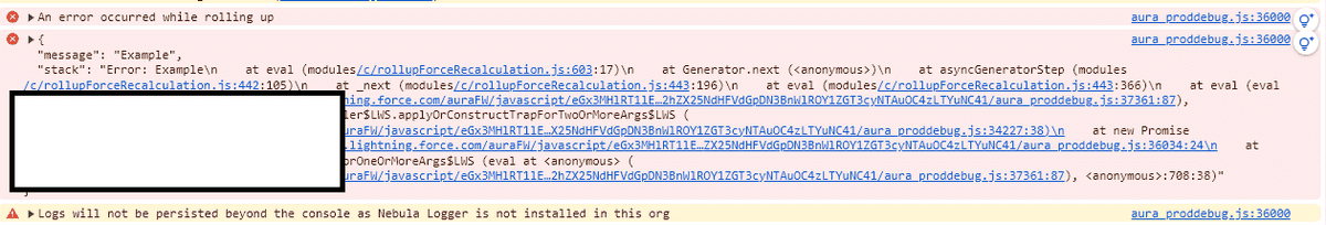 Example error showing only messages printed to the console in an org without Nebula Logger